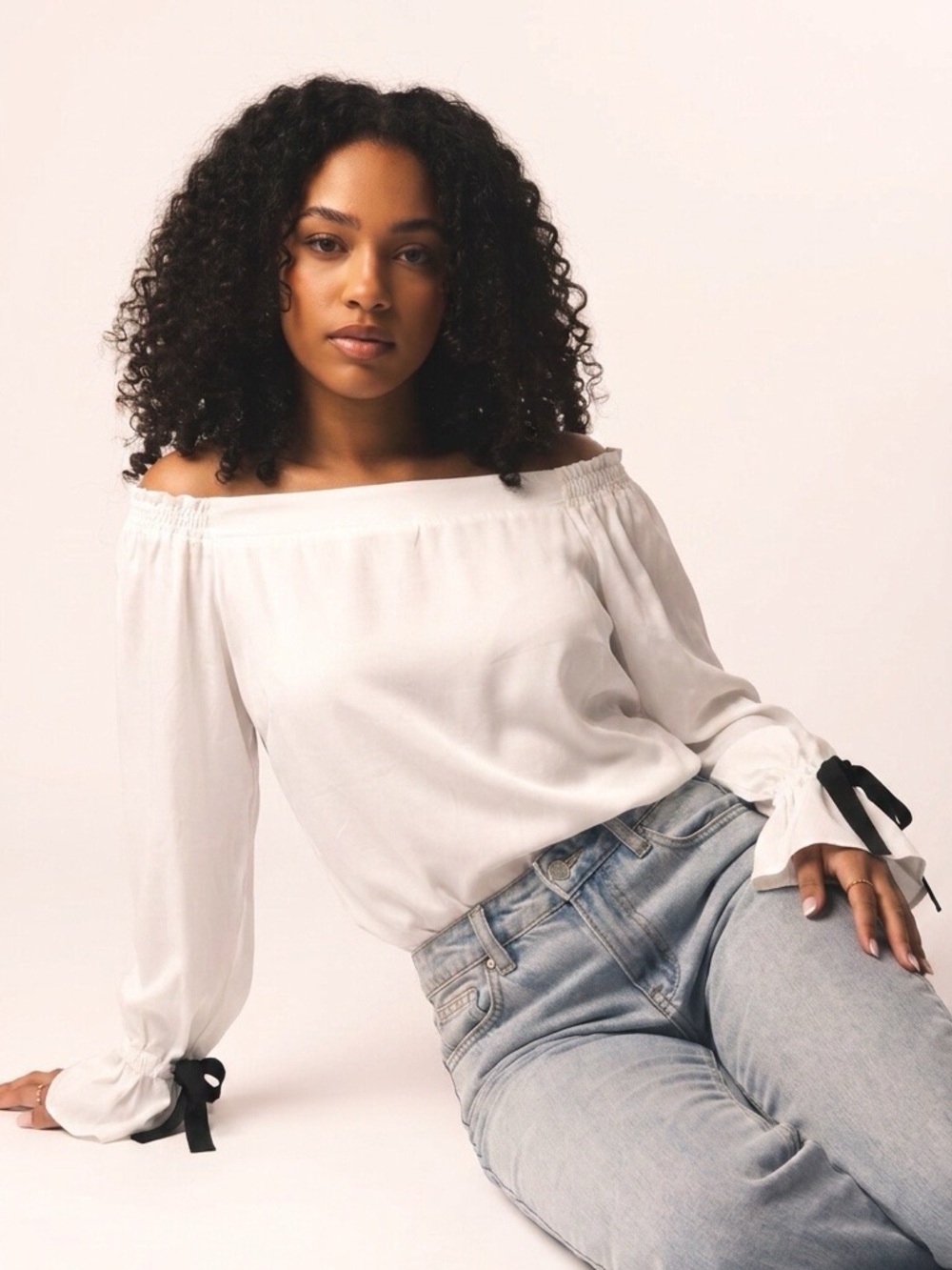 MELLODAY White Off-Shoulder Blouse with Black Bow Cuffs